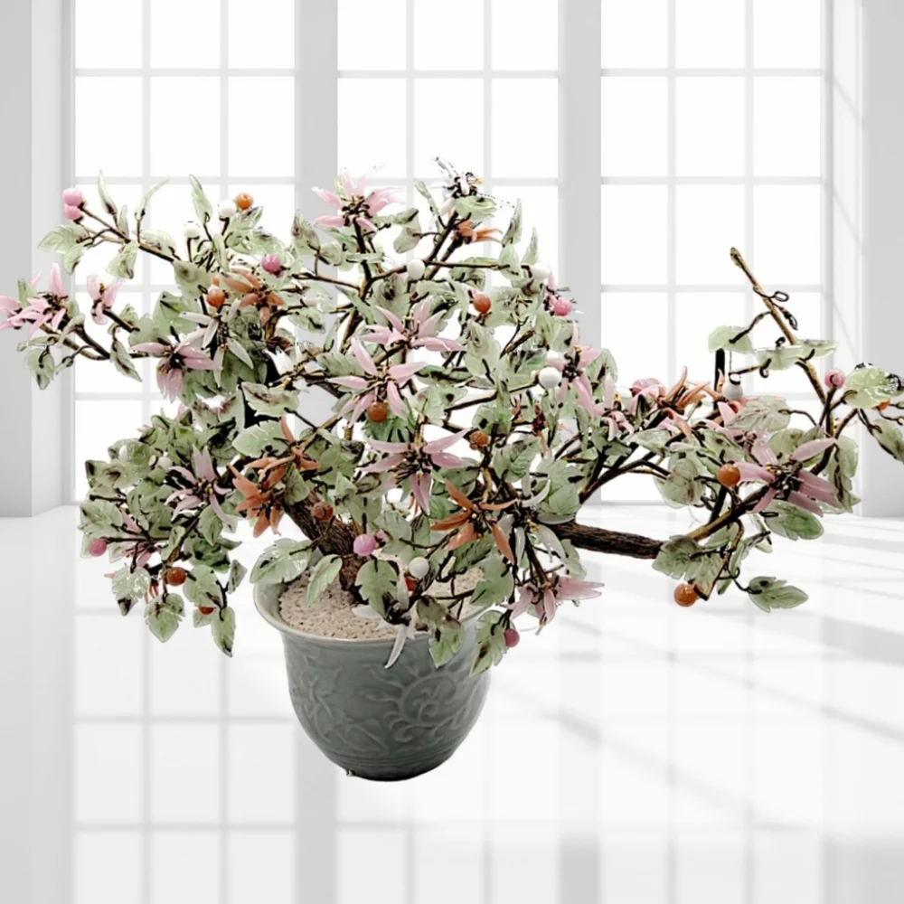 Bonsai Jade Tree Semi-Cascade Style with Pink, White, Salmon Glass